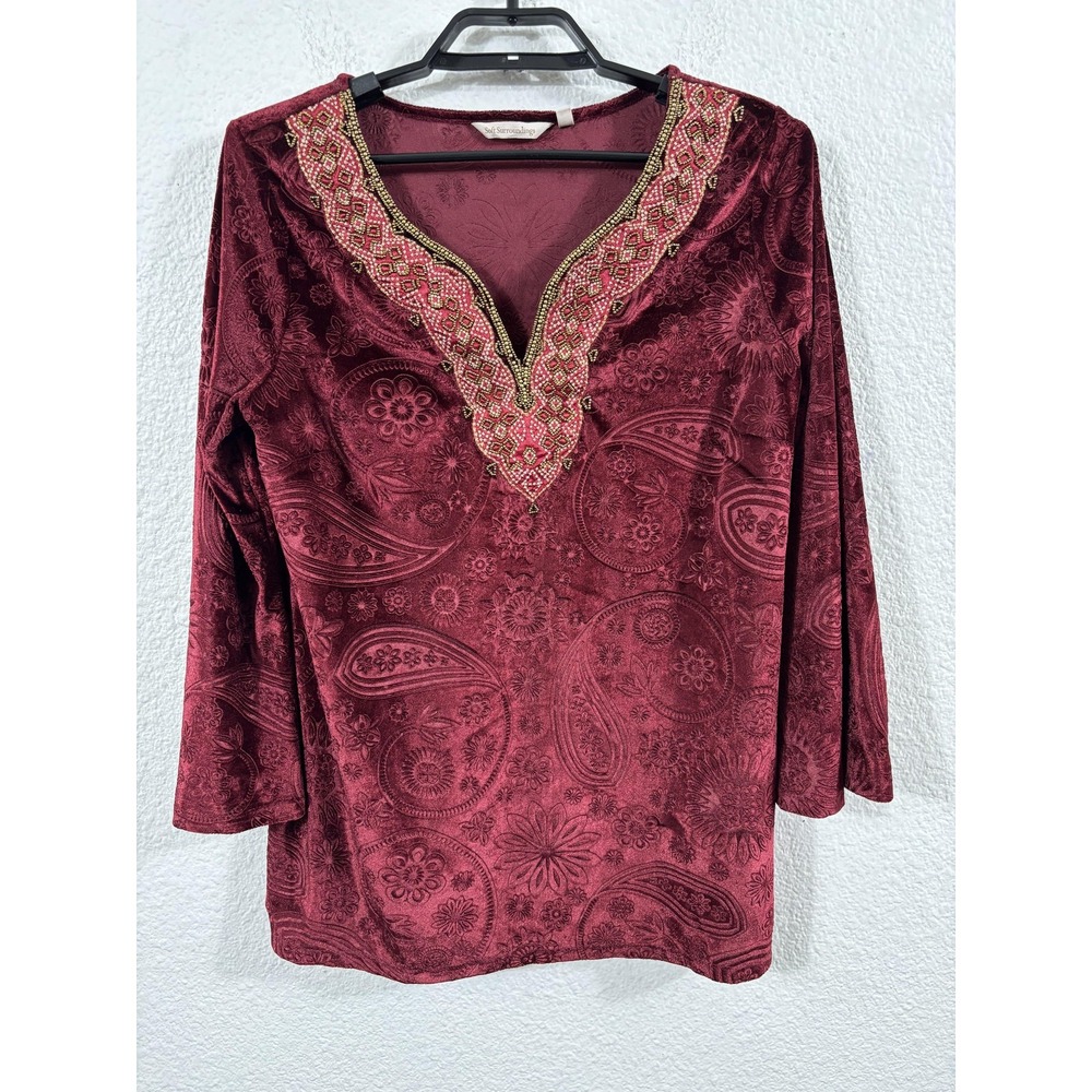 Soft Surroundings Tunic Blouse Womens Medium Red‎ Velvet Paisley Beaded Boho